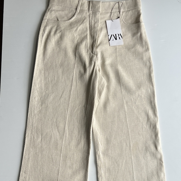 ZARA HIGH RISE FULL LENGHT PANTS JEANS BEIGE STRIPE size M 2652 785 - Picture 1 of 4